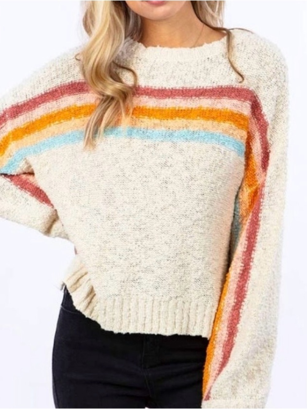 Ripcurl Sunseeker Rainbow Stripe Knit Cream Sweater Women Size XS